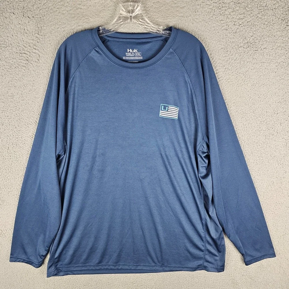 Huk Fishing Tee‎ Shirt Mens 2XL Performance American Flag Long Sleeve